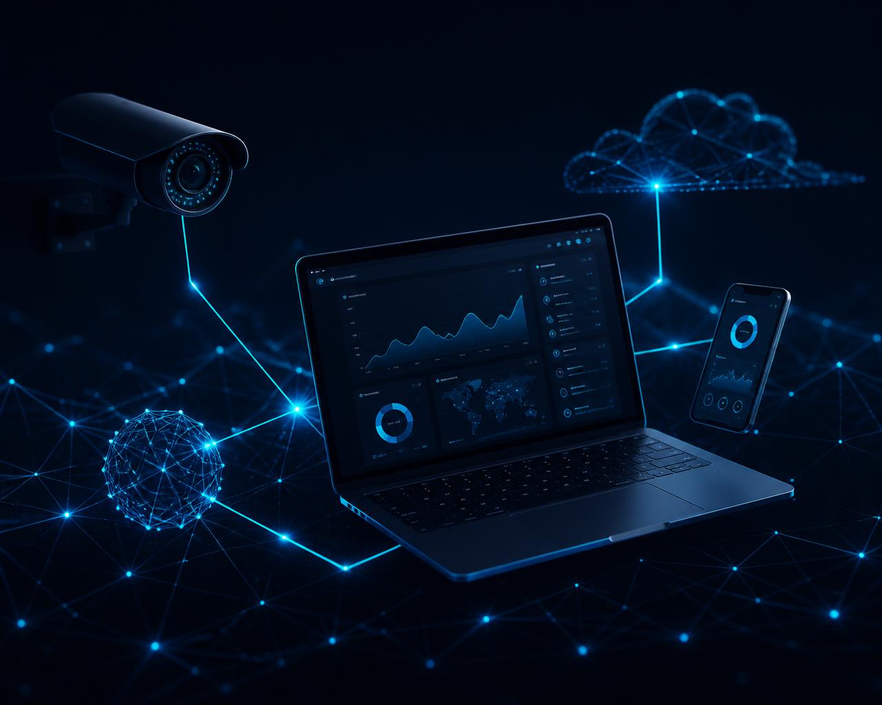 Composition technologique HAITINOVA : réseau, application, tableau de bord et caméra de surveillance